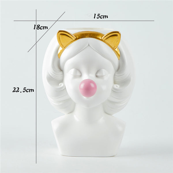 Nordic resin vase white flowerpot cute girl blowing bubble sculpture Modern creative home decoration avatar vase Desktop decor